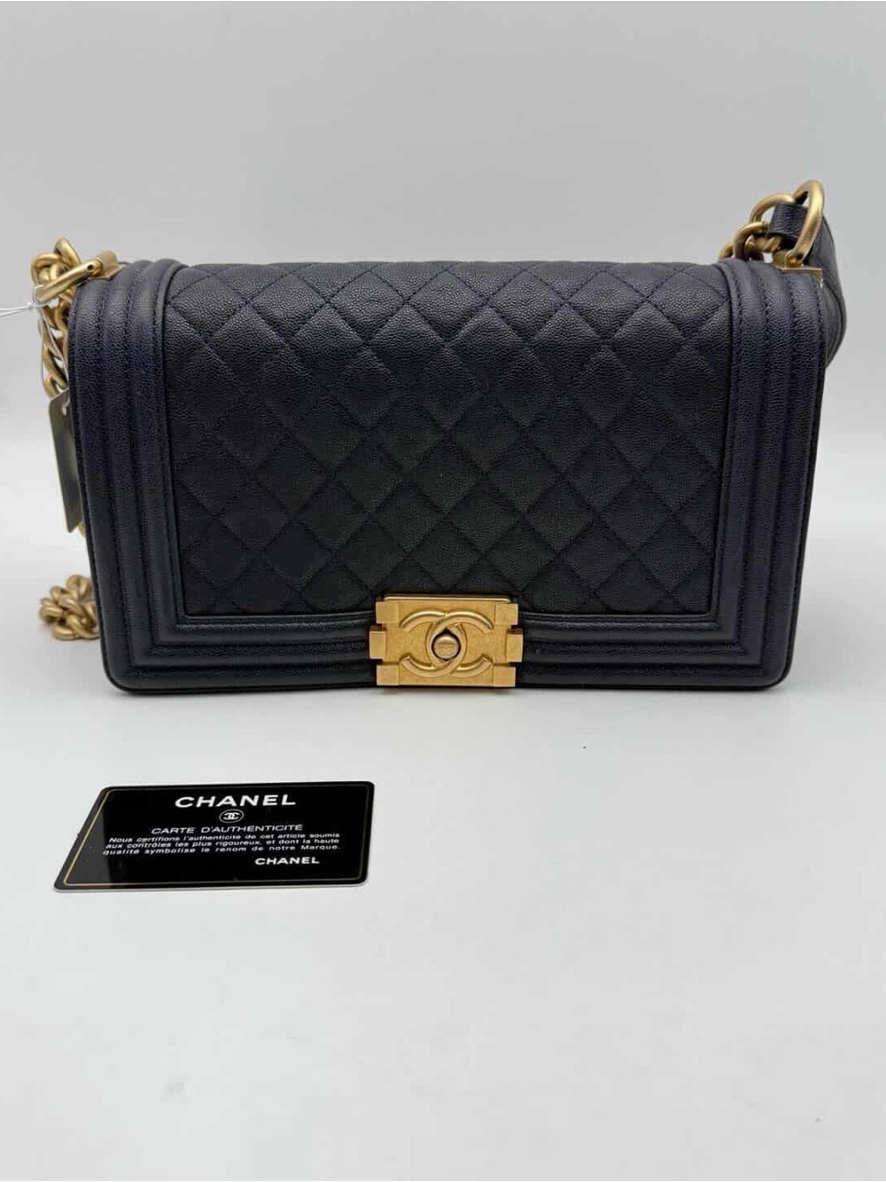 CHANEL Navy Boy Chanel Bag with Gold Hardware